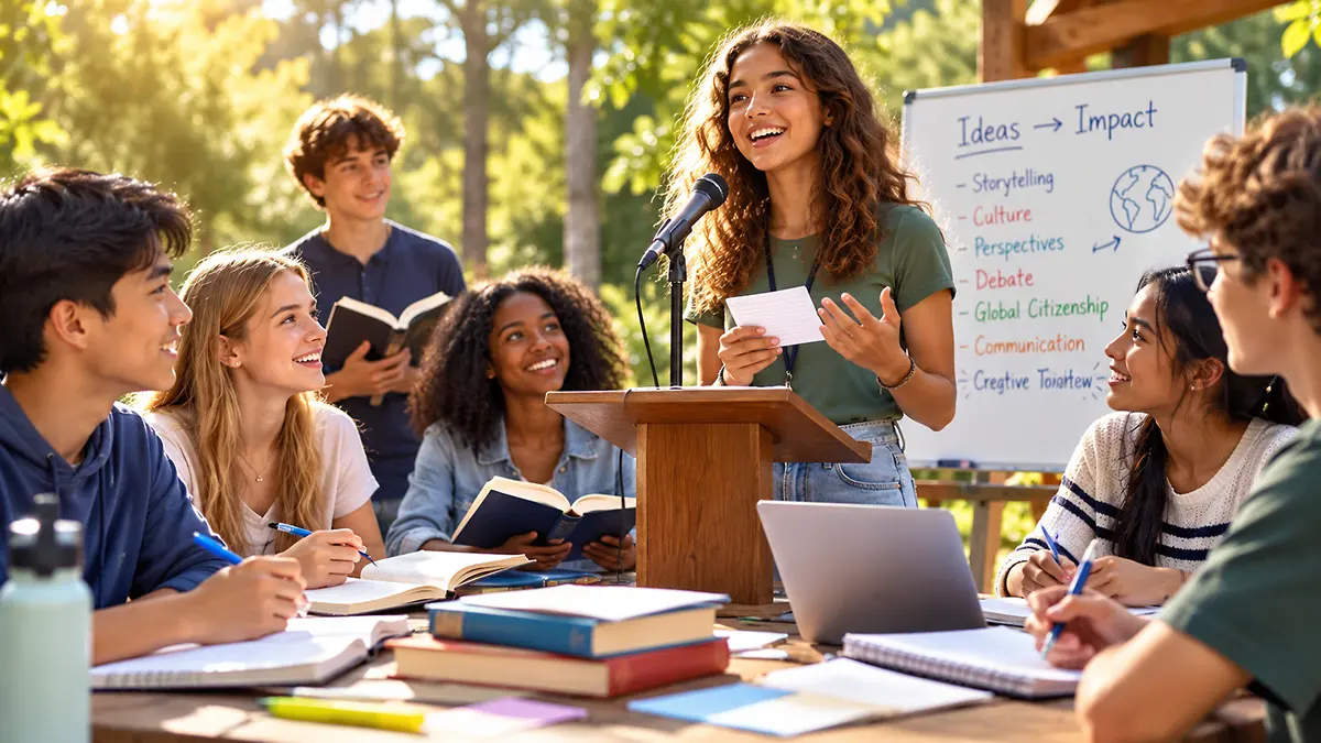 Students participating in writing, debate, communication, and humanities-style academic camp activities