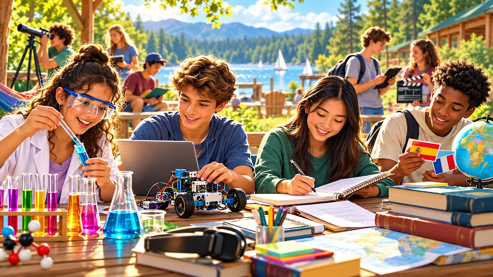 Kids and teens exploring science, technology, writing, languages, and other subjects at summer academic camp